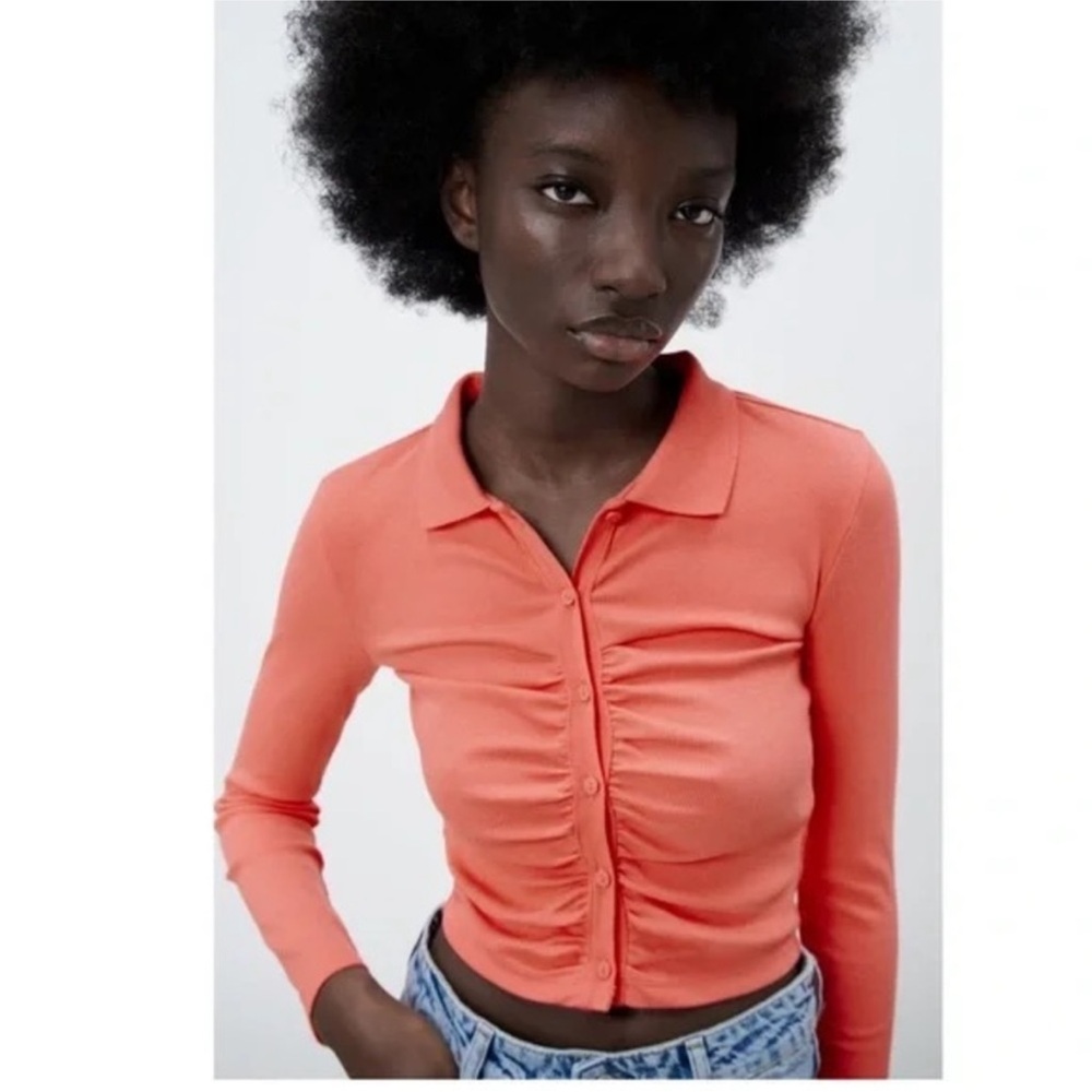 ZARA Salmon Red Pink Ruched Gathered Ribbed Polo Long-Sleeve Collared Shirt